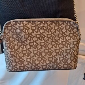 DKNY Brown And Tan Monogram Mini Bryant Dome PVC Crossbody Bag